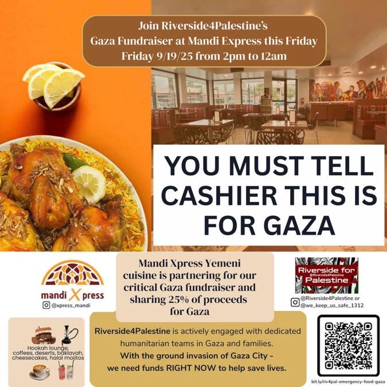 β¨ Join us this Friday for a Gaza Fundraiser at Mandi Xpress in Riverside! β¨