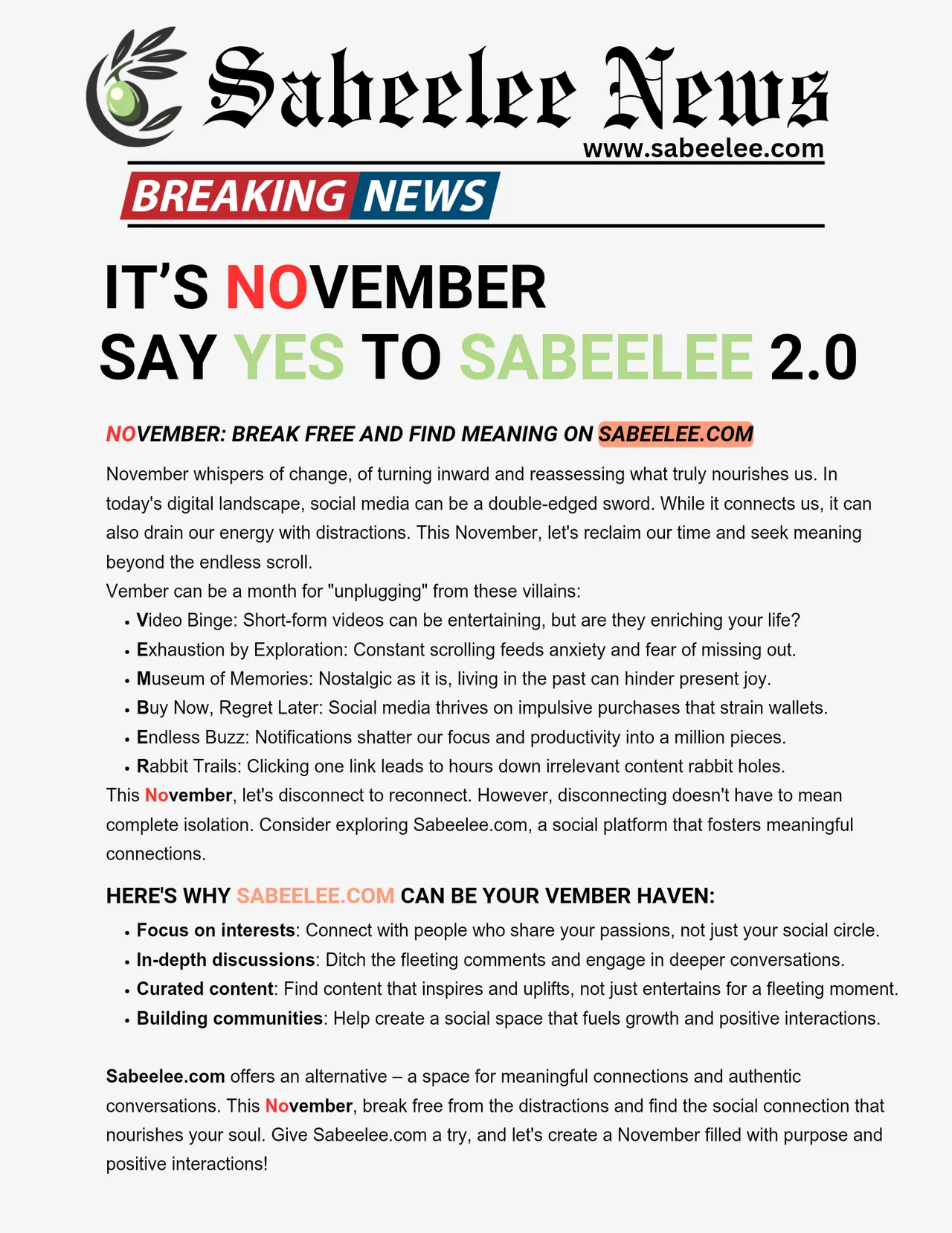 It's "No"vember, break free and find meaning on sabeelee 2.0