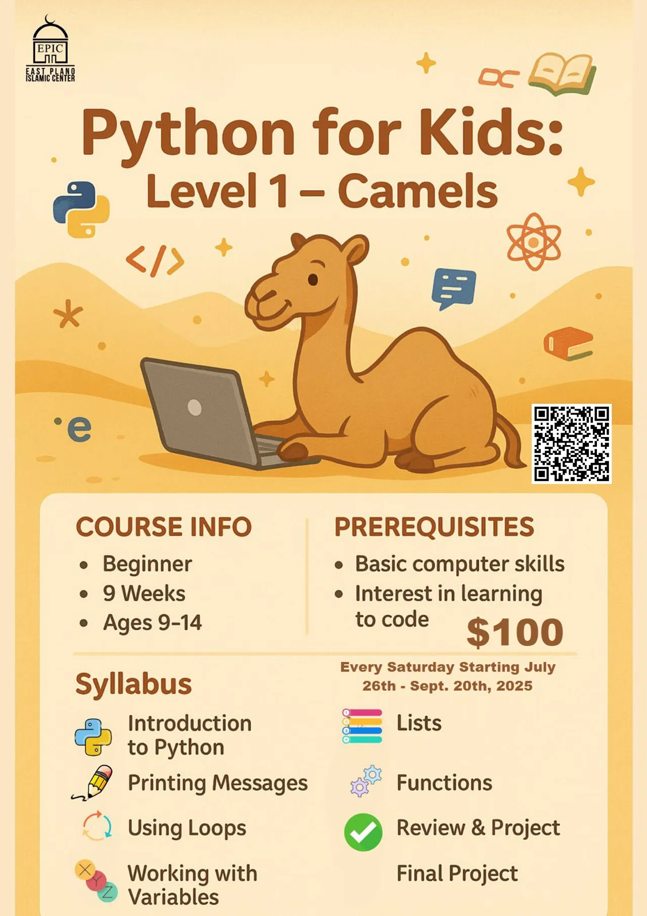 “Python for Kids: Level 1 – Camels 🐫” at EPIC Masjid